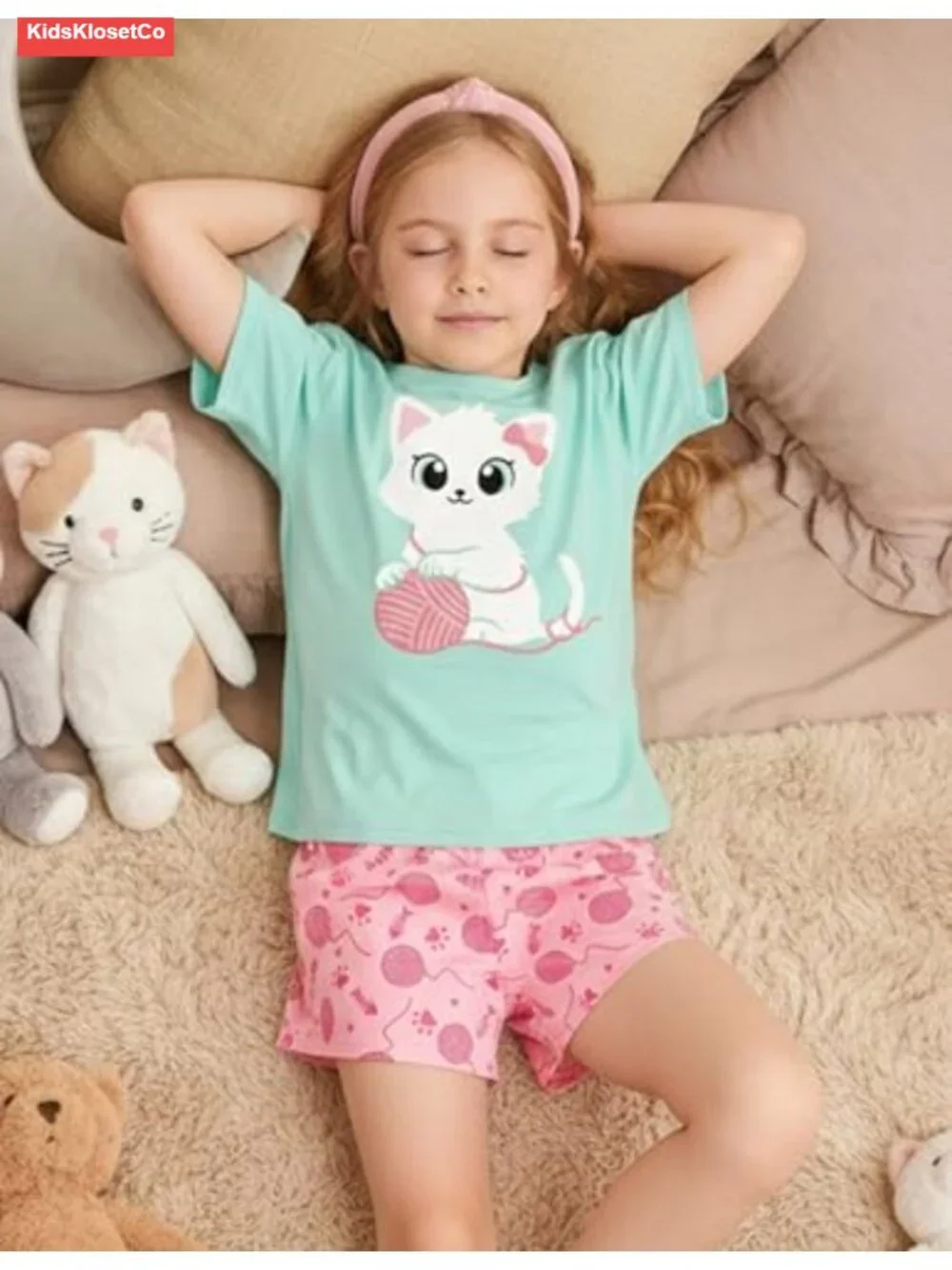 Girls 3 Piece Pajama Set Short Sleeve Sleepwear Polyester Spandex Summer Pjs